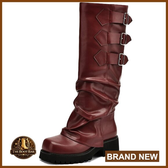 Knee High Fold Over Slouchy Square Toe Biker Platform Riding Boots